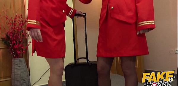  Fake Hostel Flight Attendants in pantyhose surprise young guest